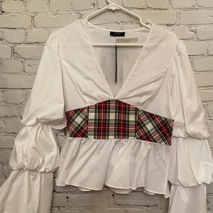 Petersyn Women's White Plaid Long Sleeve Blouse Cotton Size SZ L
